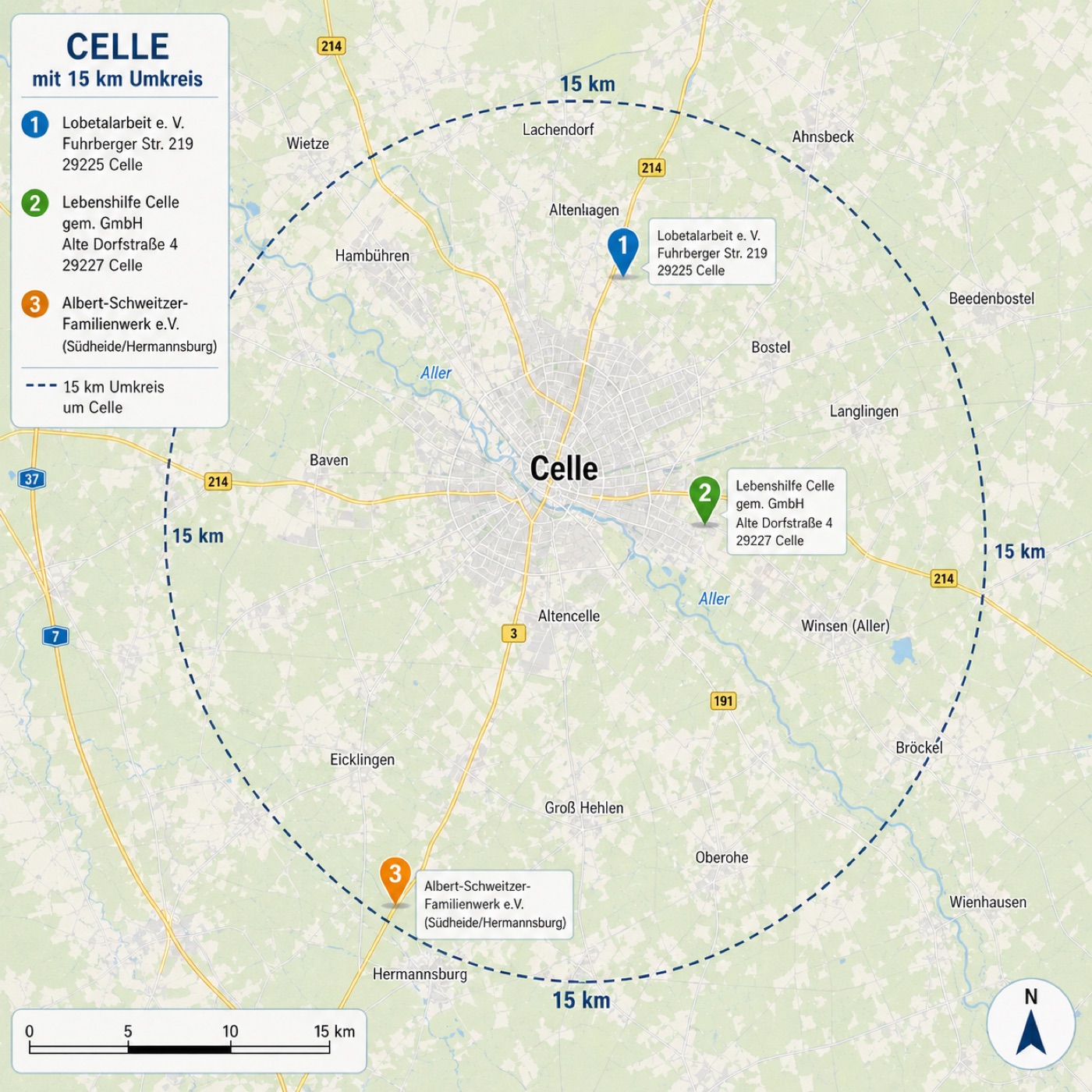 Karte mit festen Einsatzorten im Raum Celle in Niedersachsen